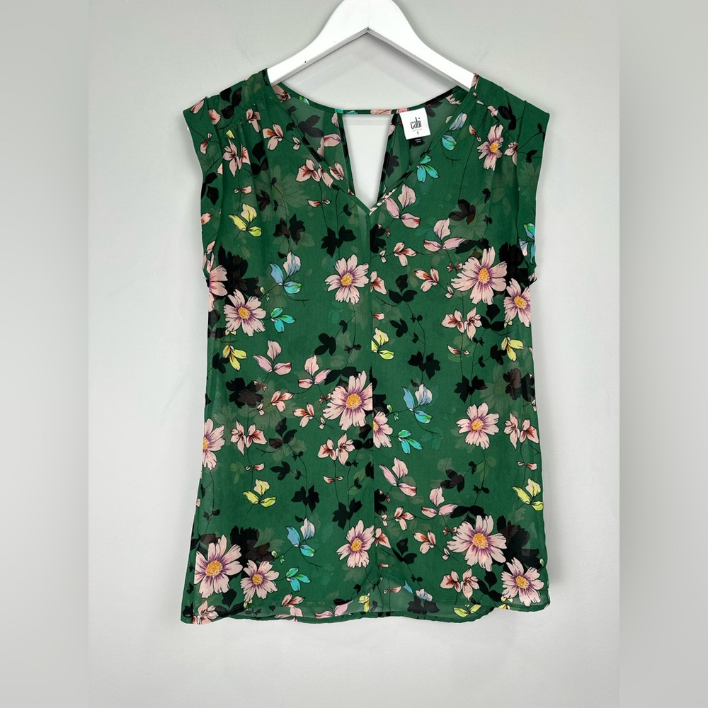 CaBI Green Floral Sheer Lightweight Top Blouse Small - Picture 2 of 12